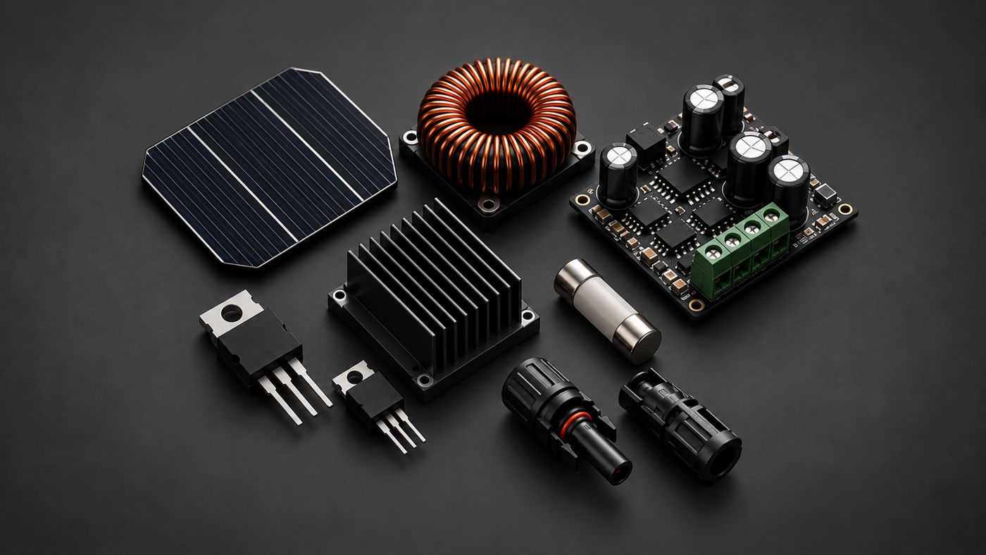 Solar cell, copper toroid, circuit board, heatsink, fuse and MC4 connectors on a dark surface
