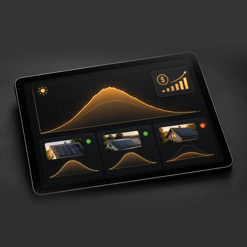 Tablet showing a solar production curve and monitored homes