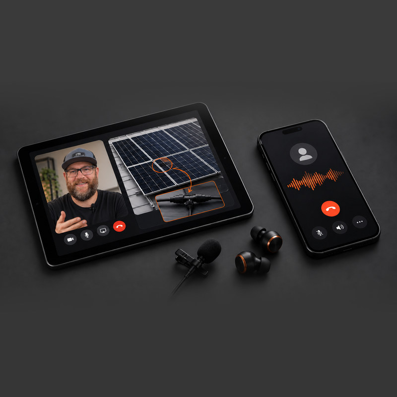 Tablet on a video call with a HecTech technician marking a connector on a solar array, a phone on a voice call, earbuds and a lapel mic